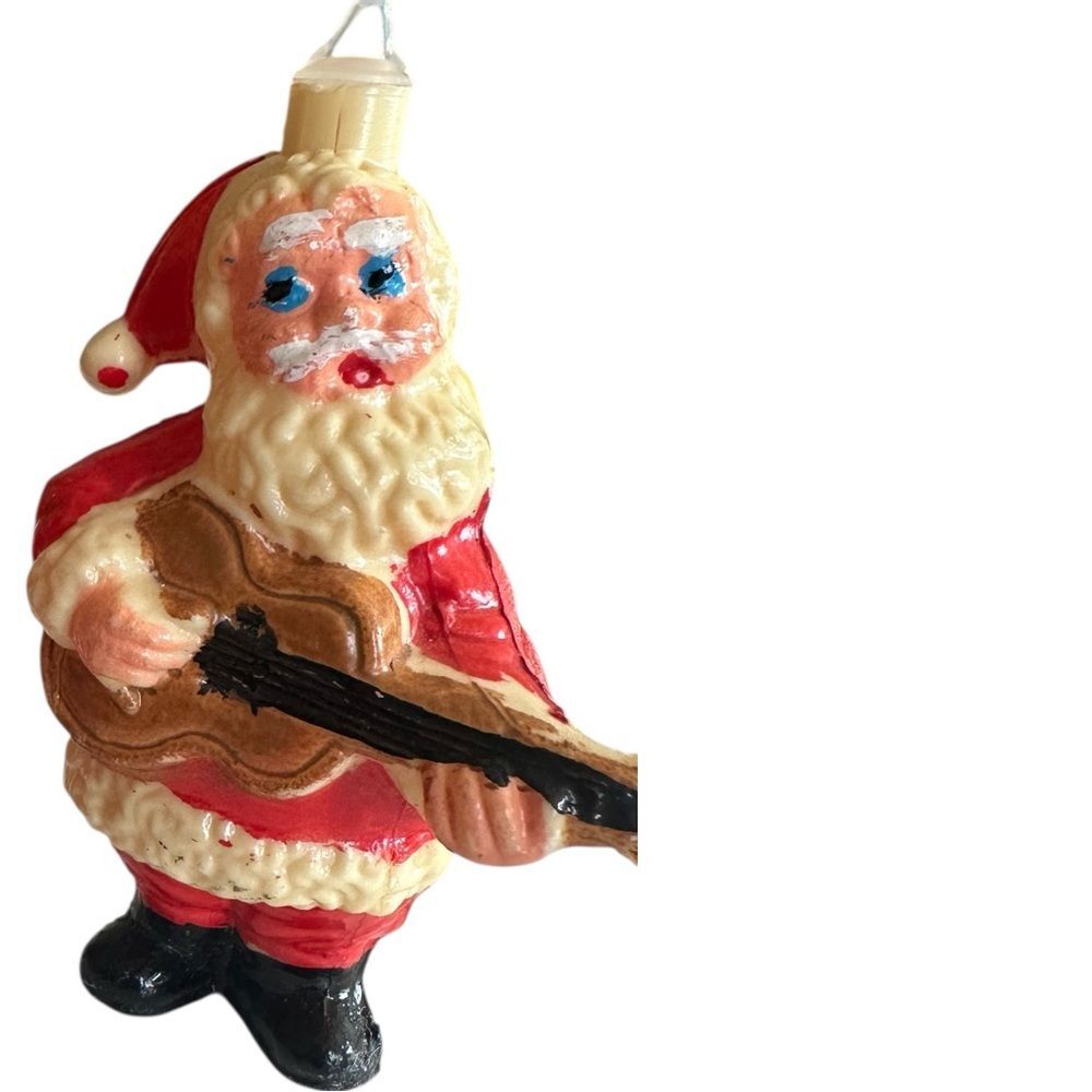 Vintage Santa Claus Playing a Guitar Christmas  Ornament. Plastic, MCM Holiday